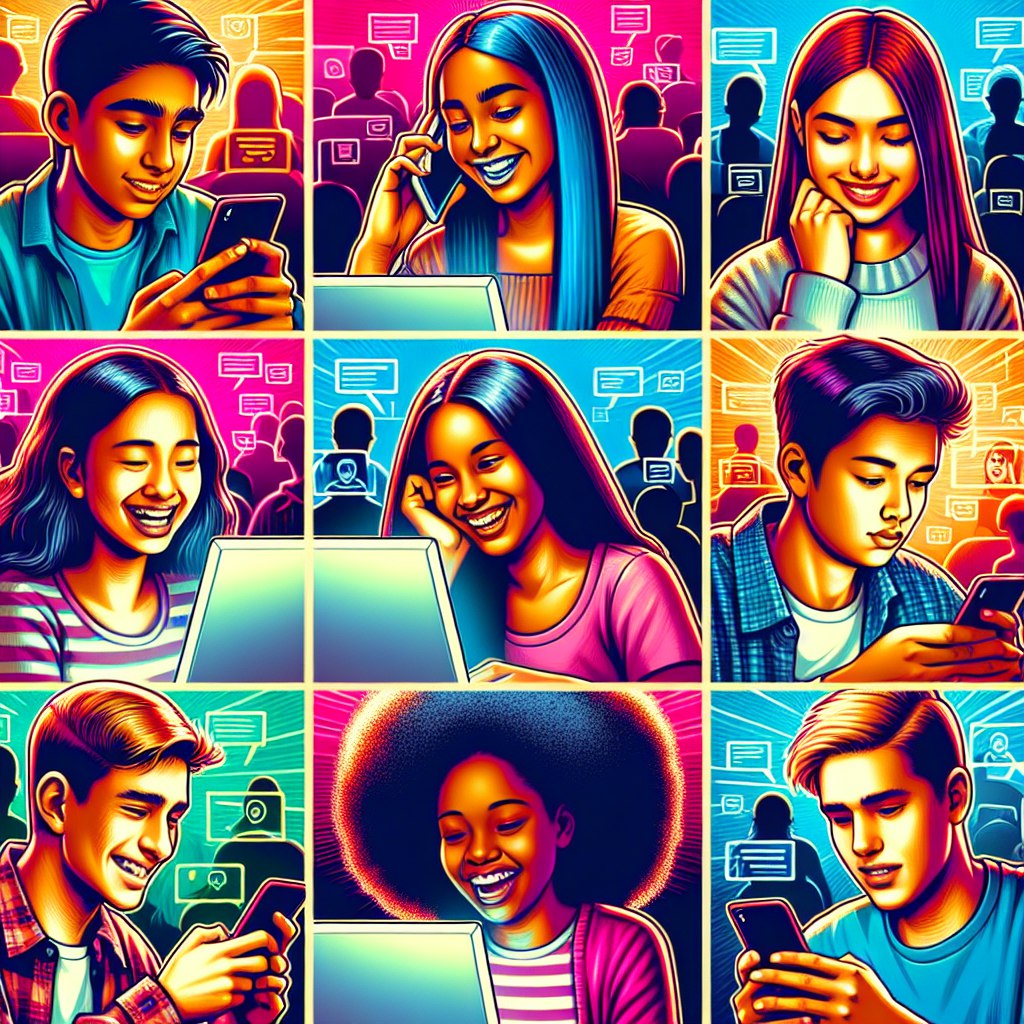teenagers in a collage happily chatting with each other through different devices in a chatroom